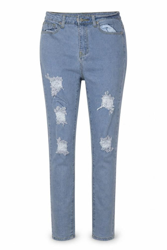 Front view of Boohoo women’s blue denim skinny jeans, size UK 6, 32-inch leg
