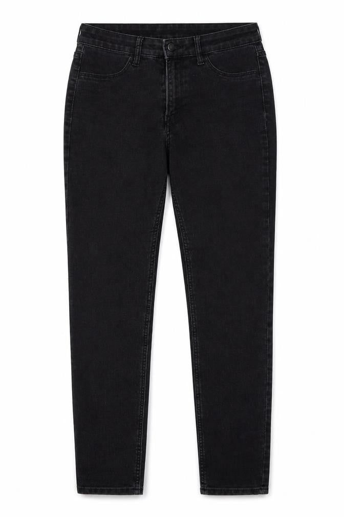 Front view of H&M women’s black denim skinny jeans, size UK 27, 29-inch leg