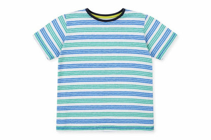 Front view of Nutmeg girls’ green striped basic t-shirt, size 9-10, years