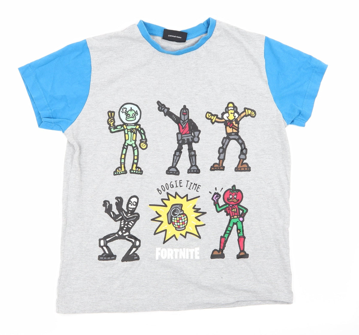 Front view of Fortnite boys’ grey basic t-shirt, size L, - boogie time