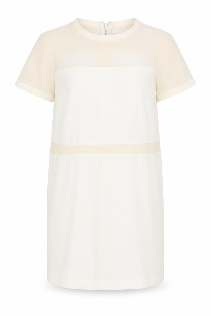 Front view of Premium Nex women’s ivory colourblock shift, size UK 14, - back zip sheer sections to dress