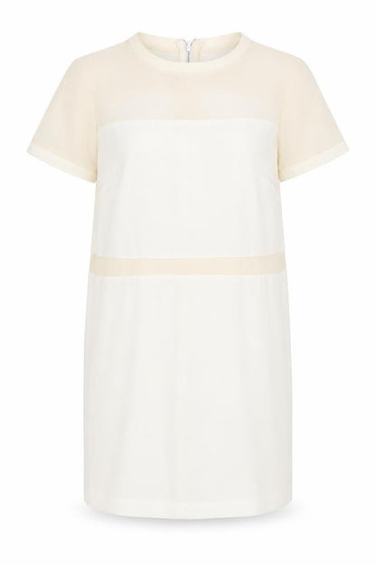 Front view of Premium Nex women’s ivory colourblock shift, size UK 14, - back zip sheer sections to dress