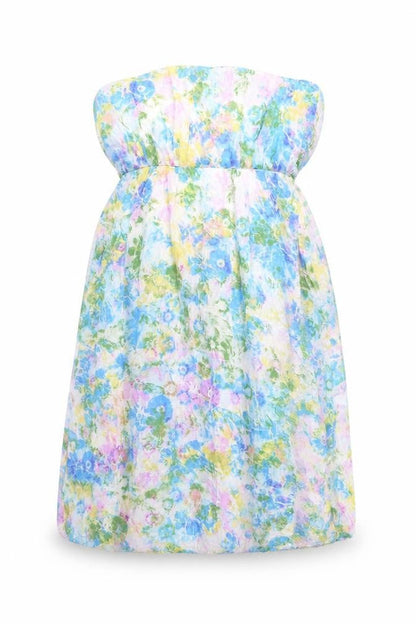 Front view of Topshop women’s blue floral slip dress, size S, - elasticated bust & low waist to back