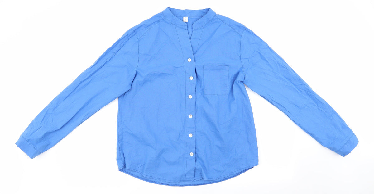 Additional front view of Dayou women’s blue basic button-up, size 2XL, - mandarin collar