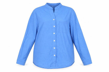 Front view of Dayou women’s blue basic button-up, size 2XL, - mandarin collar