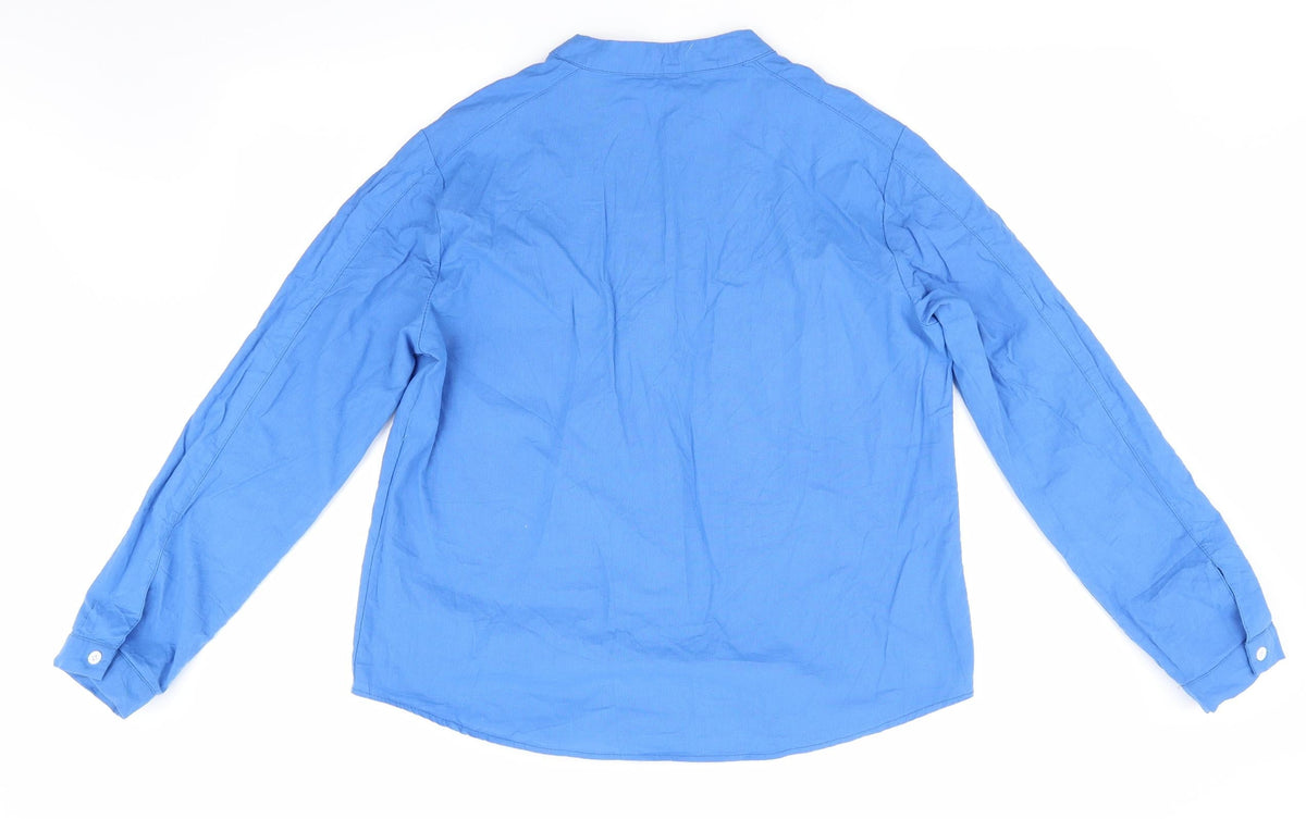 Back view of Dayou women’s blue basic button-up, size 2XL, - mandarin collar