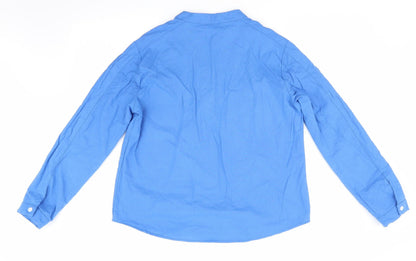 Back view of Dayou women’s blue basic button-up, size 2XL, - mandarin collar