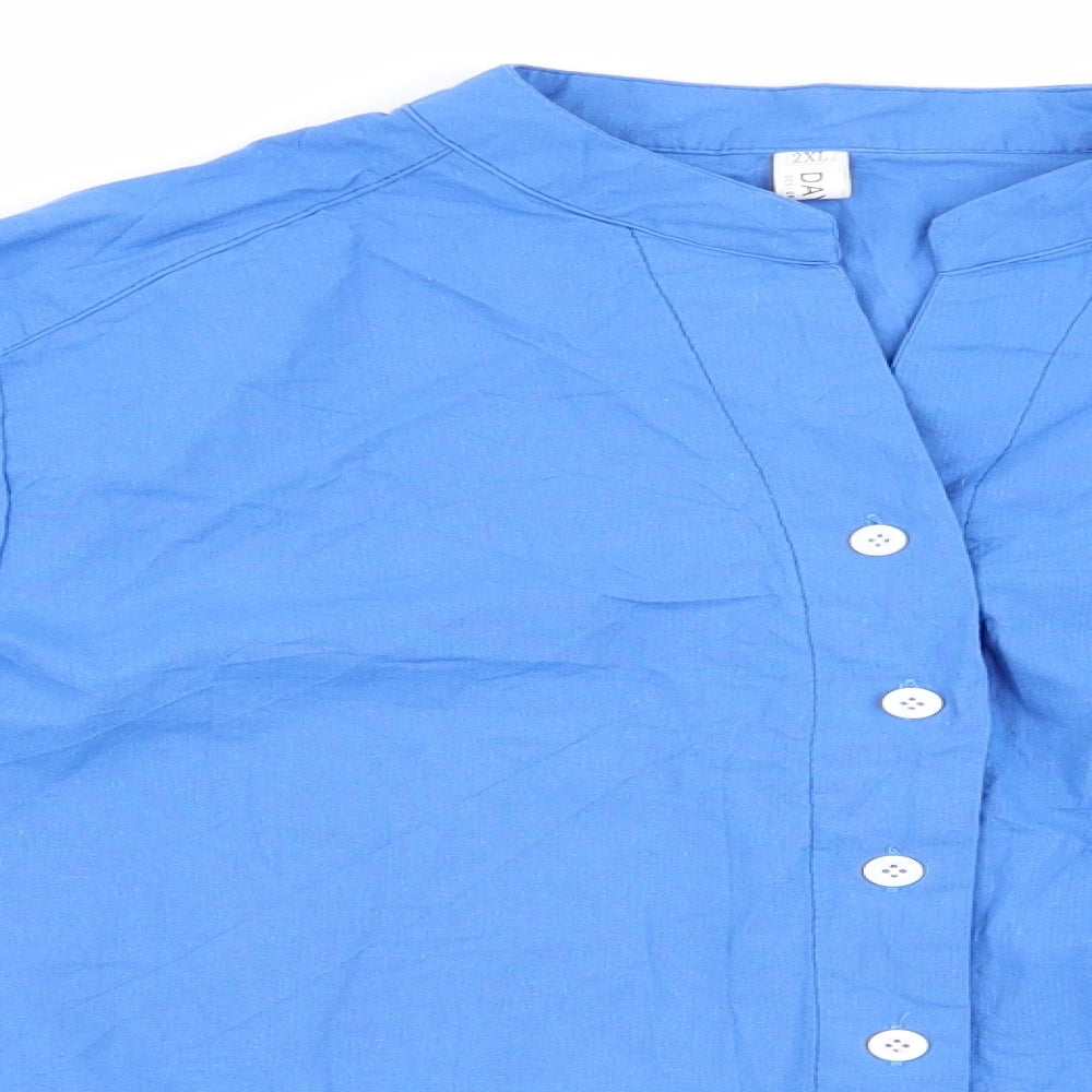 Close-up detail of Dayou women’s blue basic button-up, size 2XL, - mandarin collar