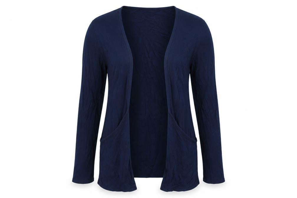 Front view of Stylewise women’s blue cardigan jumper, size UK 16