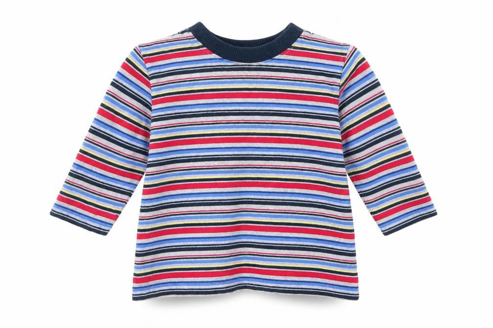 Front view of Mothercare boys’ red striped basic casual, size 9-12, months - red white blue grey stripe