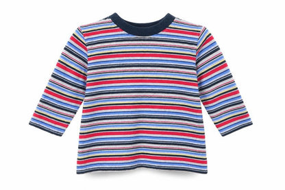 Front view of Mothercare boys’ red striped basic casual, size 9-12, months - red white blue grey stripe