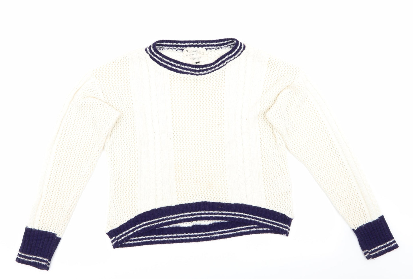 Blonde & Blonde  Womens Ivory   Pullover Jumper Size 14  - Cable & Open Knit Blue Neck Hem Cuff Trim