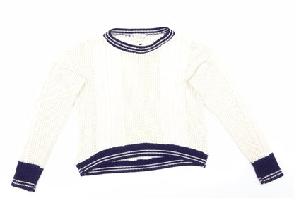 Blonde & Blonde  Womens Ivory   Pullover Jumper Size 14  - Cable & Open Knit Blue Neck Hem Cuff Trim