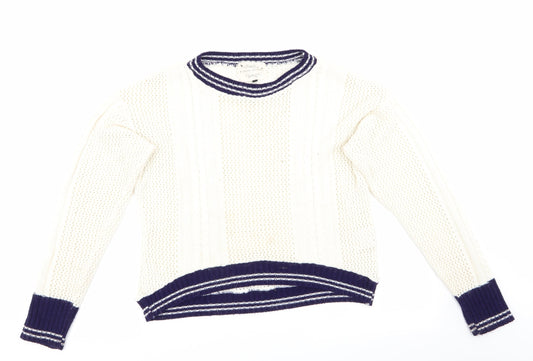 Blonde & Blonde  Womens Ivory   Pullover Jumper Size 14  - Cable & Open Knit Blue Neck Hem Cuff Trim