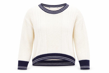 Blonde + Blonde Womens Ivory   Pullover Jumper Size 14  - Cable & Open Knit Blue Neck Hem Cuff Trim