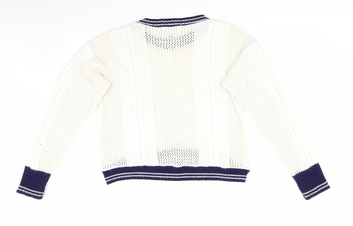 Blonde & Blonde  Womens Ivory   Pullover Jumper Size 14  - Cable & Open Knit Blue Neck Hem Cuff Trim