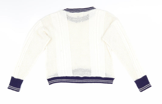 Blonde & Blonde  Womens Ivory   Pullover Jumper Size 14  - Cable & Open Knit Blue Neck Hem Cuff Trim