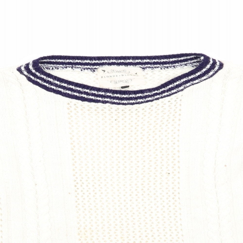 Blonde & Blonde  Womens Ivory   Pullover Jumper Size 14  - Cable & Open Knit Blue Neck Hem Cuff Trim