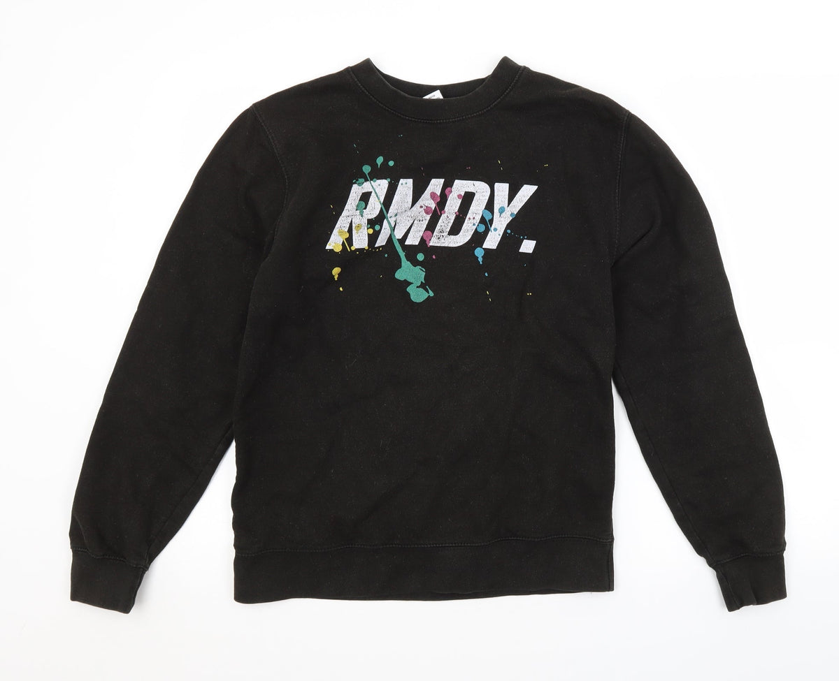 Front view of RMDY men’s black pullover sweatshirt