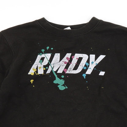 Close-up detail of RMDY men’s black pullover sweatshirt