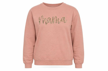 Front view of women’s pink pullover sweatshirt, size S