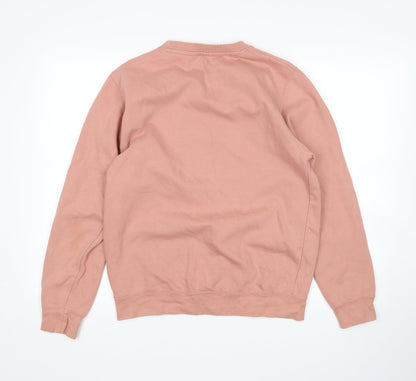 Back view of women’s pink pullover sweatshirt, size S