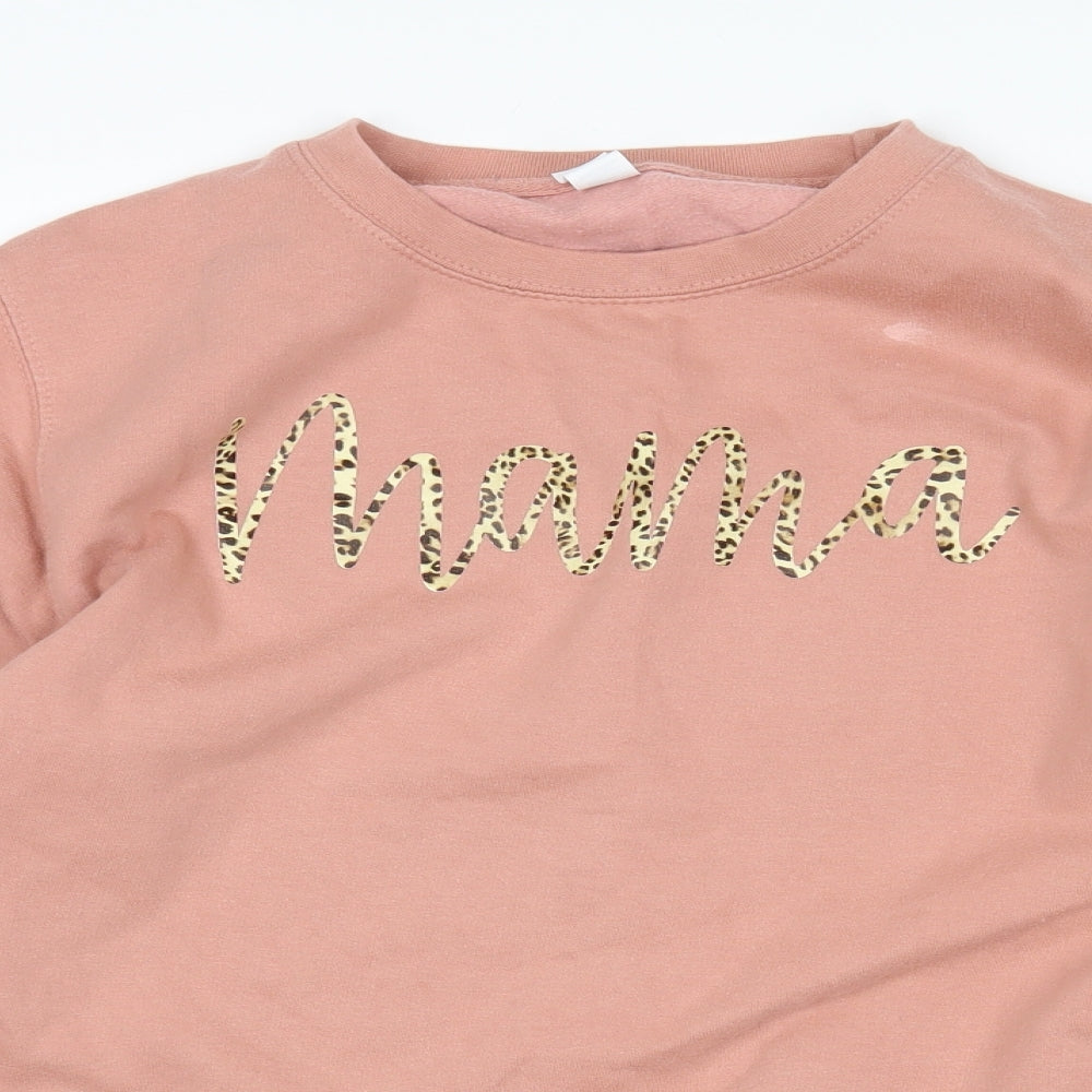 Close-up detail of women’s pink pullover sweatshirt, size S
