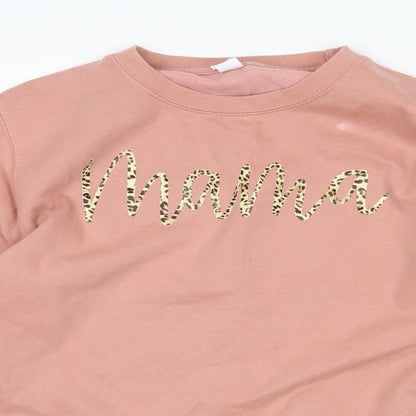 Close-up detail of women’s pink pullover sweatshirt, size S