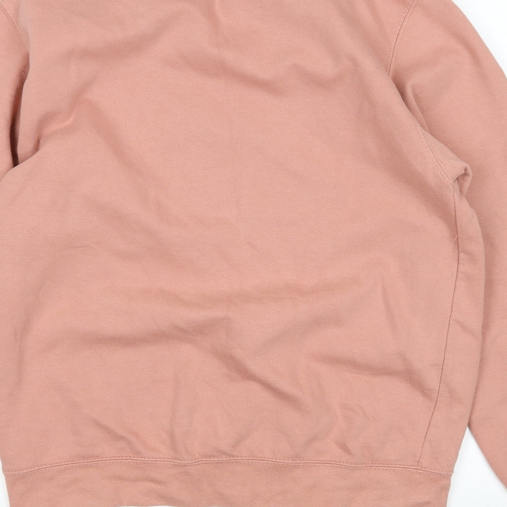Brand and care label for women’s pink pullover sweatshirt, size S