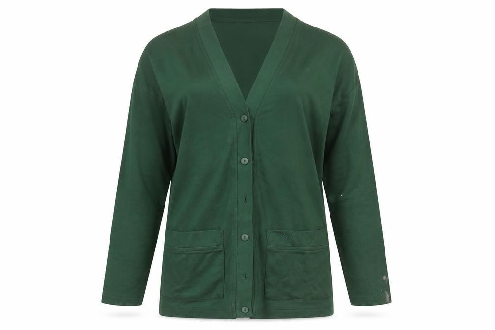 Front view of para women’s green cardigan jumper, size S