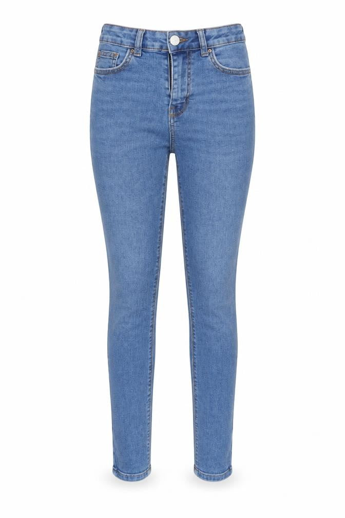 Front view of Denim & Co. women’s blue tapered jeans, size UK 8, 29-inch leg