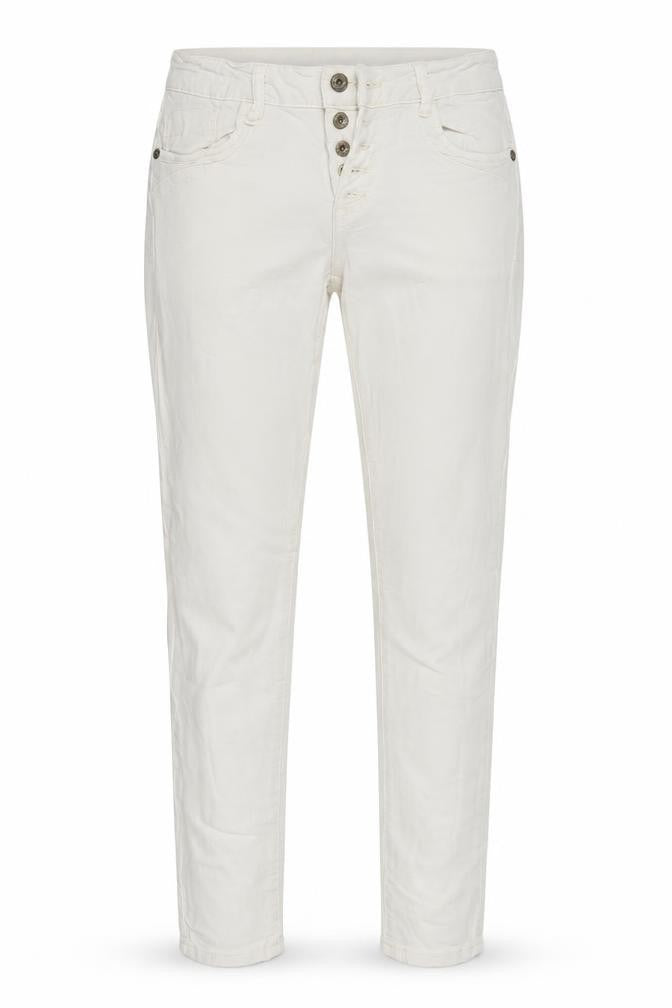 Front view of women’s white tapered jeans, size S, 28-inch leg
