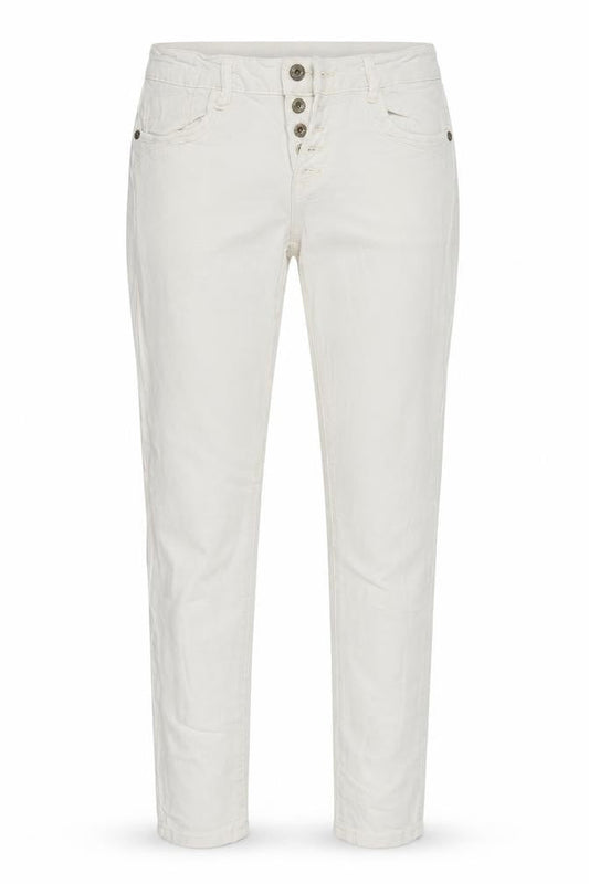 Front view of women’s white tapered jeans, size S, 28-inch leg