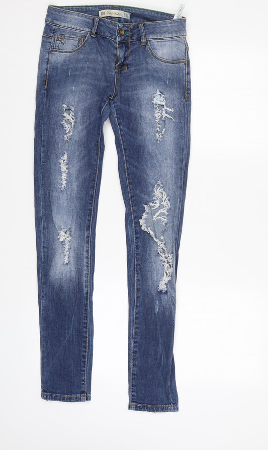 Front view of TRF women’s blue tapered jeans, size UK 6, 31-inch leg