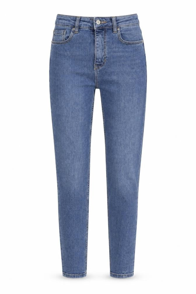 Front view of TALLY WEiJL women’s blue tapered jeans, size UK 6, 27-inch leg - elastic waist