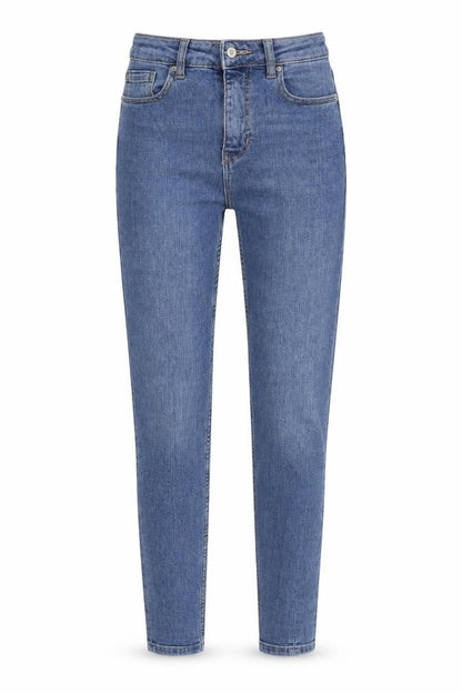 Front view of TALLY WEiJL women’s blue tapered jeans, size UK 6, 27-inch leg - elastic waist