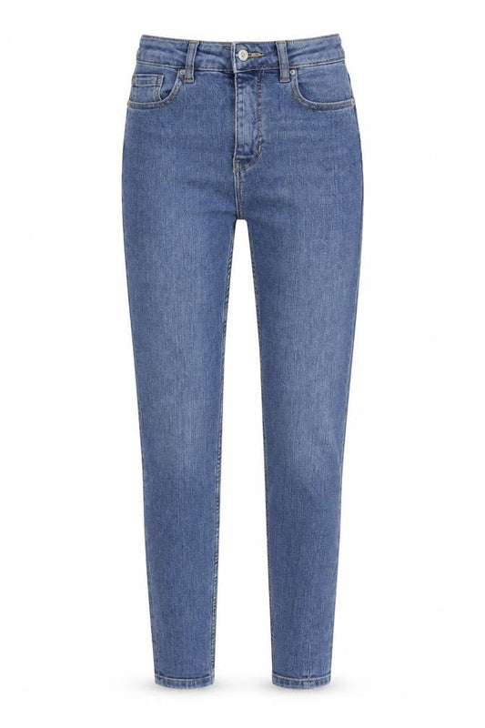 Front view of TALLY WEiJL women’s blue tapered jeans, size UK 6, 27-inch leg - elastic waist