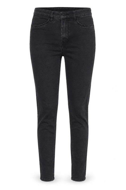 Front view of women’s black tapered jeans, size UK 8, 28-inch leg