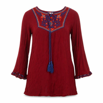 Front view of Kiss the Sky women’s red basic blouse, size XS