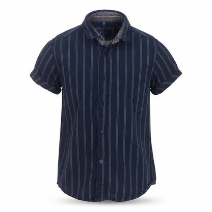 Front view of Steel & Jelly boys’ blue striped basic button-up, size 7-8, years