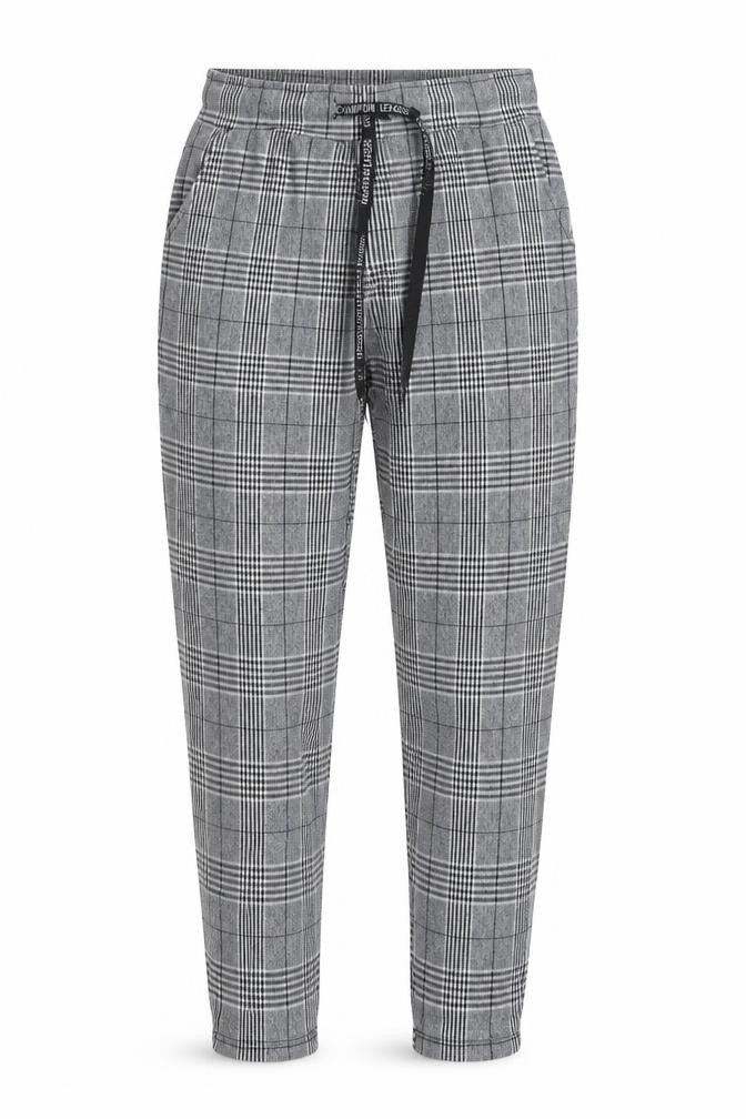 Front view of Preworn women’s black houndstooth trousers, size M, 26-inch leg