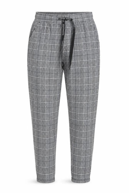 Front view of Preworn women’s black houndstooth trousers, size M, 26-inch leg