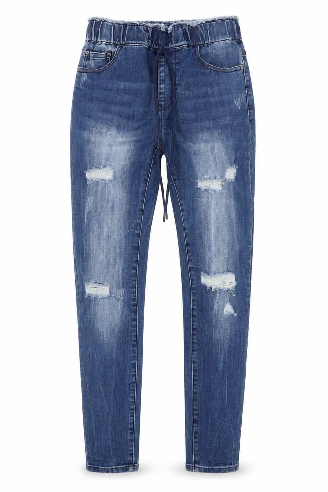 Front view of women’s blue denim straight jeans, size XS, 28.5-inch leg