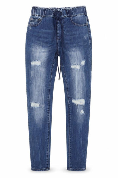 Front view of women’s blue denim straight jeans, size XS, 28.5-inch leg