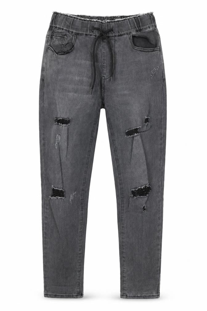 Front view of women’s grey denim straight jeans, size XS, 28-inch leg