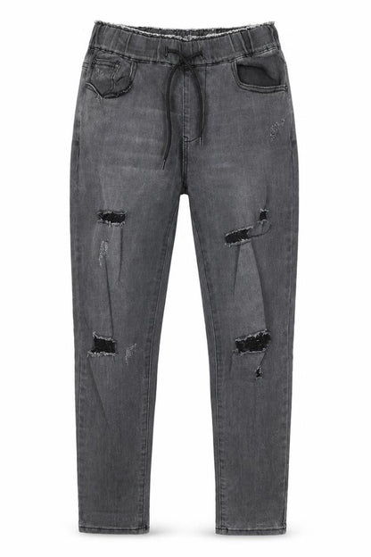 Front view of women’s grey denim straight jeans, size XS, 28-inch leg