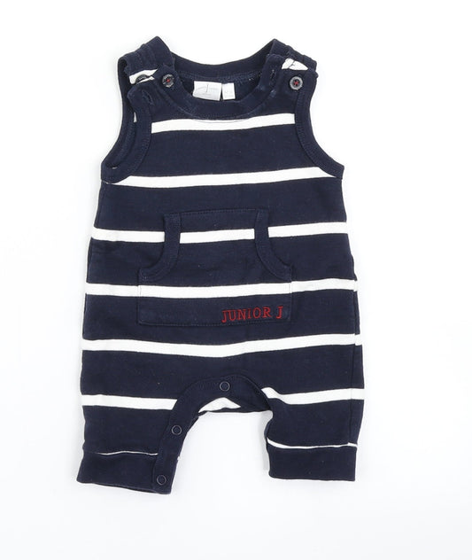 Front view of Junior J boys’ blue striped dungaree one-piece size newborn