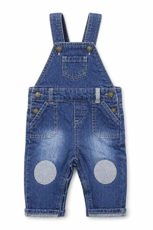 Front view of Early Days boys’ blue denim dungaree one-piece, size 3-6, months