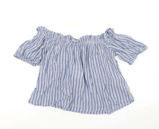 Bershka Womens Blue Striped  Cropped T-Shirt Size S