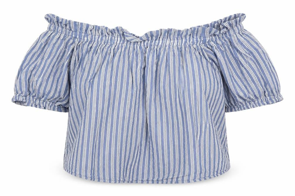 Front view of Bershka women’s blue striped cropped t-shirt, size S